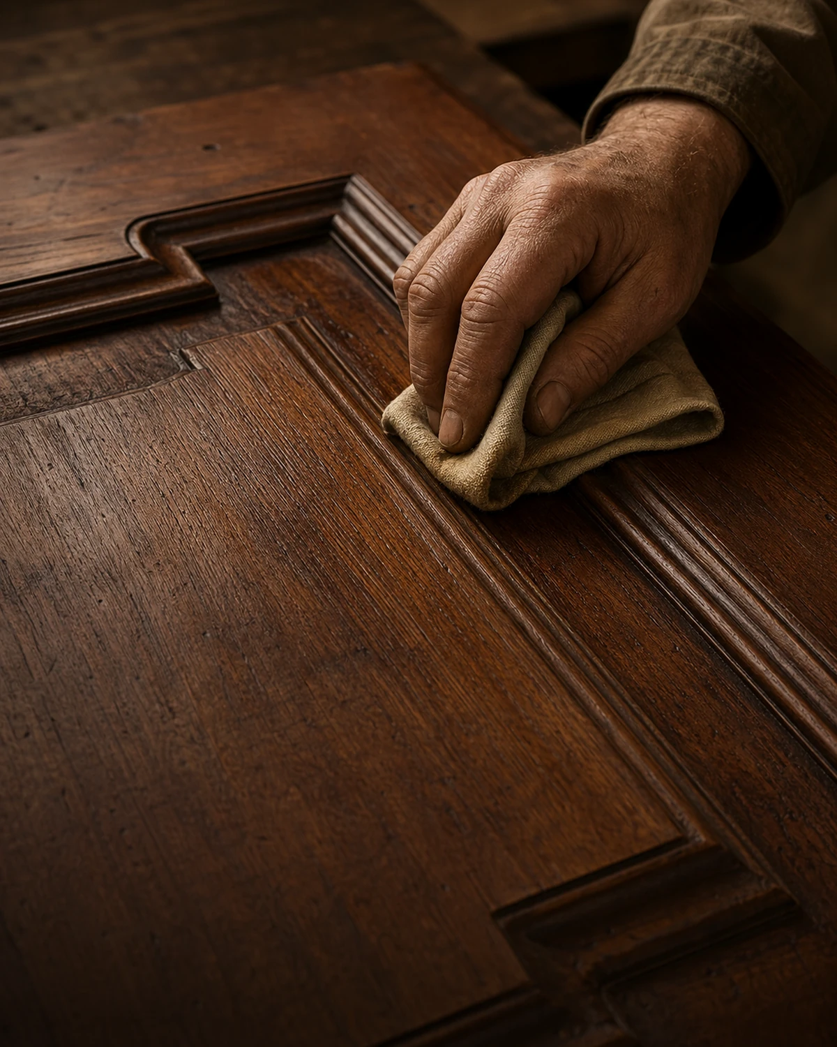 Finitura manuale di una superficie in legno con panno o pennello
