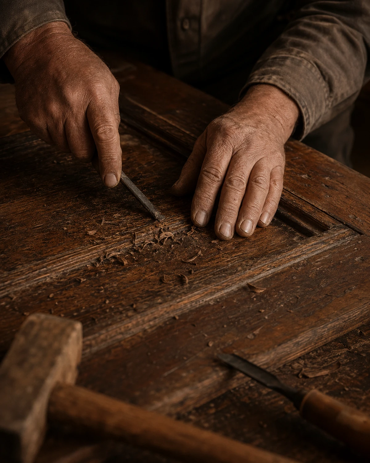 Dettaglio delle mani che seguono la venatura del legno